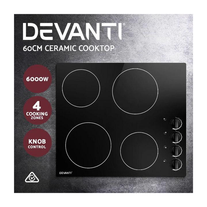 Devanti 60cm Black Ceramic Electric Cooktop - Free shipping - Brisbane Home Appliances